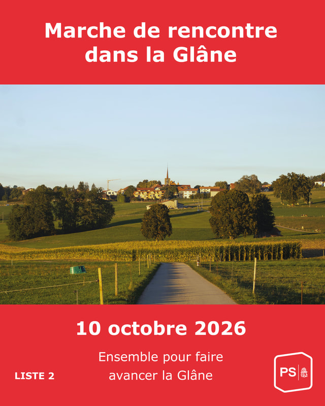Plakat (auf Französisch): Begegnungswanderung im Glanebezirk, 10. Oktober 2026. Liste 2, SP.